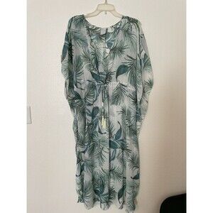 Kona Sol Women's L Tropical Leaf Print Kaftan Cover Up Dress Tassels
